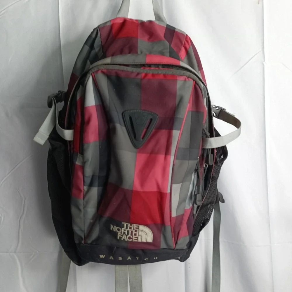 The North Face Wasatch Backpack Red Grey Plaid Daypack Hiking Bag s9
